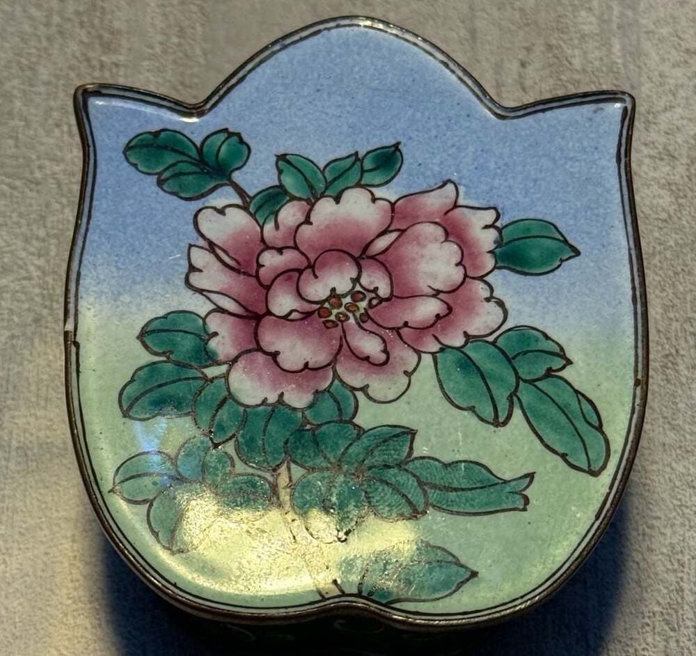 Vintage Chinese Cloisonné Enamel Peony Flower Trinket‎ Box, Tulip Shape